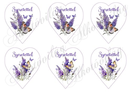 9 cm magas levendulás szívek - SZERETETTEL - FELIRATTAL