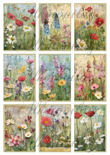 Tavaszi virágok vintages stílusban - 9 x 6 cm - HŰTŐMÁGNES, AJÁNDÉKKÍSÉGŐ készítéshez