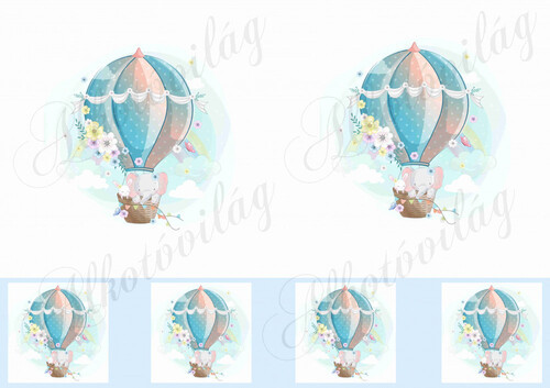 Elefánt és nyuszi virágos hőlégballonban 10-12 cm-es HÍZMŐKERETHEZ