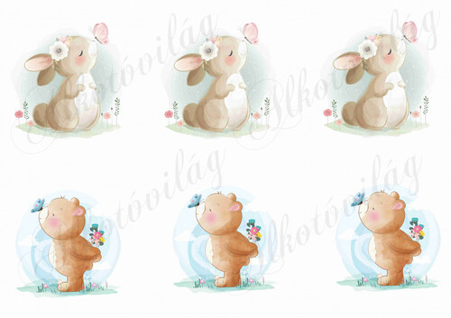 Nyuszi és maci pillangókkal 10 cm-es hímzőkeretre