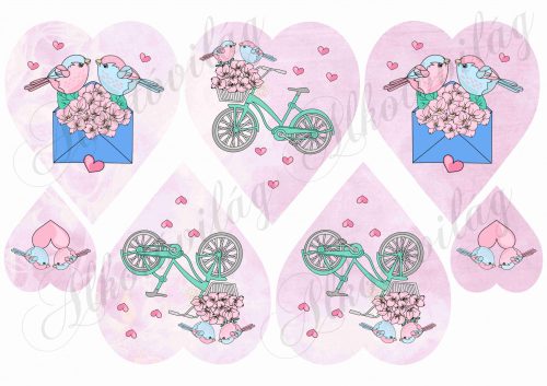 szerelmes kismadarak tavaszi hangulatban biciklivel és levéllel