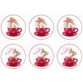 Őzikék piros pöttyös bögrében piros kerettel