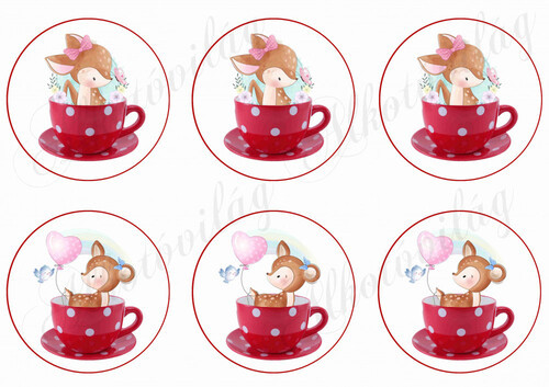 Őzikék piros pöttyös bögrében piros kerettel