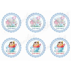   Elefántok, süni, nyuszi SZÉP NAPOT felirattal kék cakkos körökben