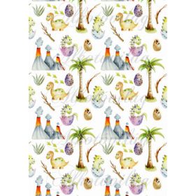 Kézzel festett dinoszauruszok pálmafákkal, vulkánokkal