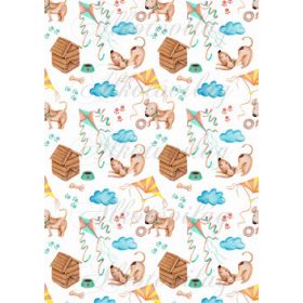   Kézzel festett kutyusok házikókkal, felhőkkel, papírsárkánnyal