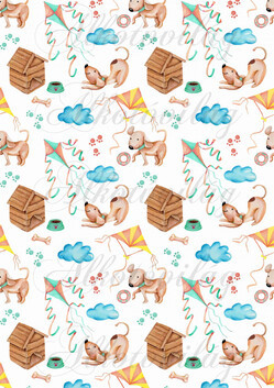 Kézzel festett kutyusok házikókkal, felhőkkel, papírsárkánnyal