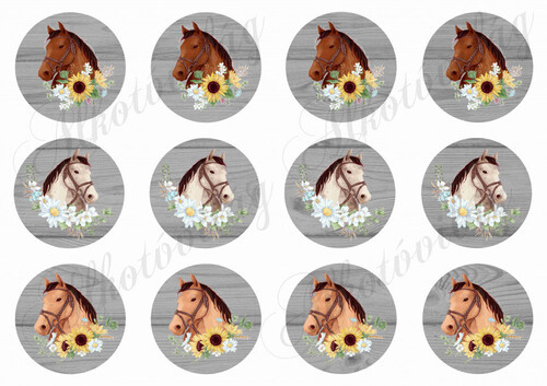 Lovak virágkoszorúkkal fa mintás kör alapon