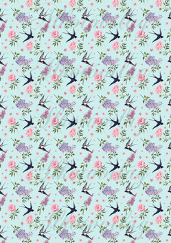 Kézzel festett fecskék rózsákkal, orgonákkal TÜRKIZ ALAPON KICSIBEN