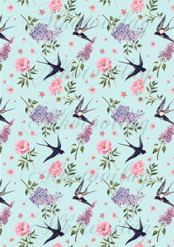 Kézzel festett fecskék rózsákkal, orgonákkal TÜRKIZ ALAPON