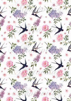 Kézzel festett fecskék rózsákkal, orgonákkal