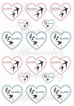 Kézzel festett fecskék szívekben SZERETETTEL felirattal KICSIBEN