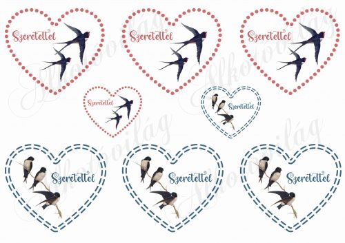 Hand-painted swallows in hearts with LOVE inscription