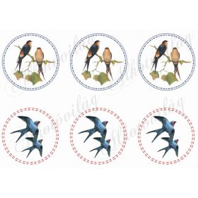 Kézzel festett fecskék varrott szélű körökben