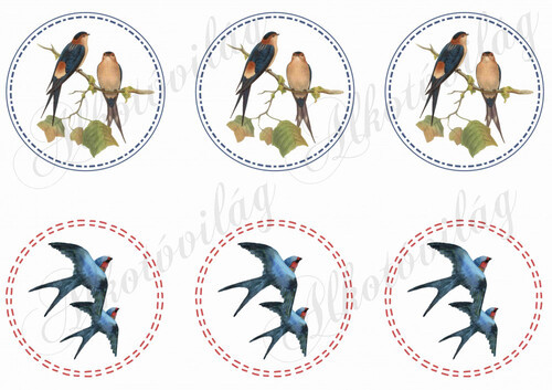 Kézzel festett fecskék varrott szélű körökben