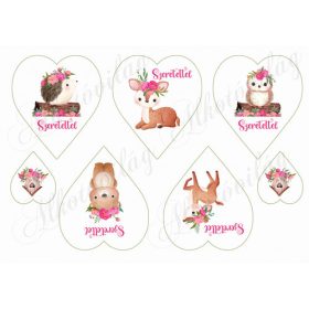   Süni, őzike, bagoly, maci rózsás koszorúkban szívekben SZERETETTEL feliratokkal