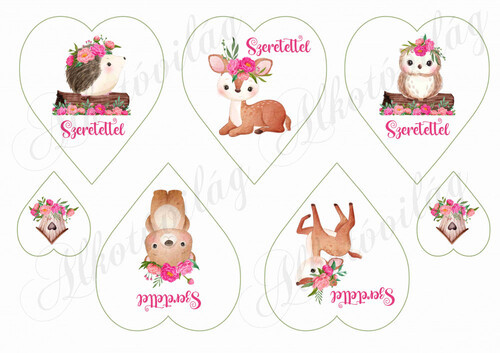 Süni, őzike, bagoly, maci rózsás koszorúkban szívekben SZERETETTEL feliratokkal