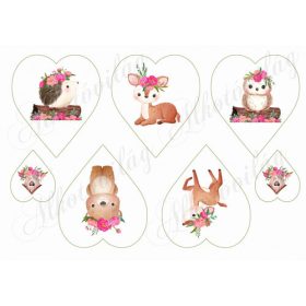 Süni, őzike, bagoly, maci rózsás koszorúkban szívekben
