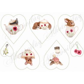   Teaidő kézzel festett kisállatokkal szívekben- cica, kutya, egér, madár, béka