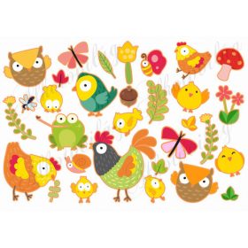 Kiscsibék, tyúkok, béka, virágok, pillangók.