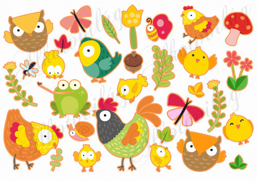 Kiscsibék, tyúkok, béka, virágok, pillangók.