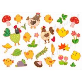 Kiscsibék, tyúkok, gombák levelek.