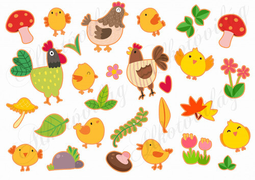 Kiscsibék, tyúkok, gombák levelek.