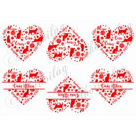   Cica sziluettek szívekben PIROSBAN - CICÁS OTTHON felirattal