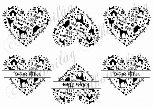 Kutya sziluettek szívekben - KUTYÁS OTTHON felirattal