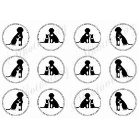 Kutya- cica sziluettek varrott szélű körökben