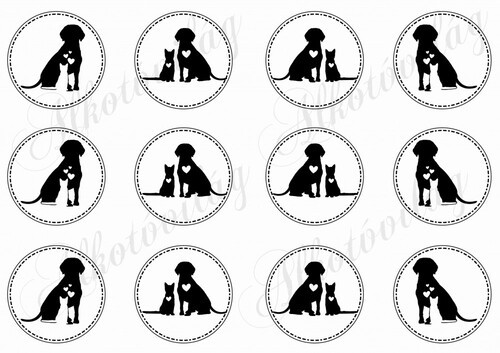 Kutya- cica sziluettek varrott szélű körökben