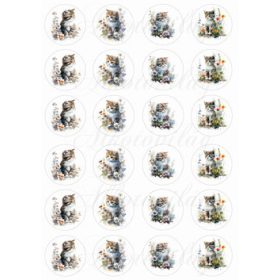    Körök négyféle akvarell stílusban festett cuki cicával és tavaszi virágokkal - MINIBEN