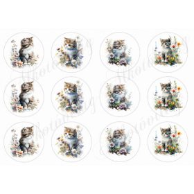    Körök négyféle akvarell stílusban festett cuki cicával és tavaszi virágokkal