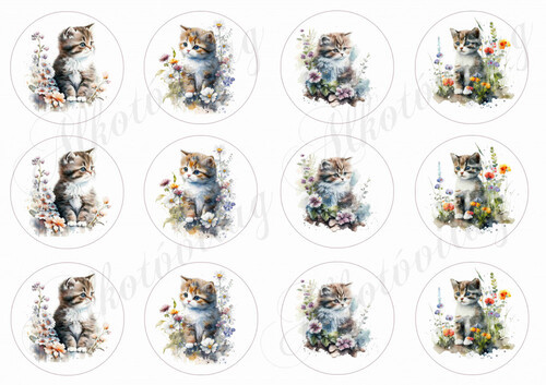  Körök négyféle akvarell stílusban festett cuki cicával és tavaszi virágokkal