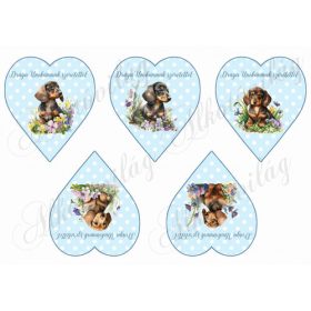  Cuki tacskó kutyusok virágokkal pöttyös szíveken - DRÁGA UNOKÁMNAK SZERETETTEL FELIRATAL