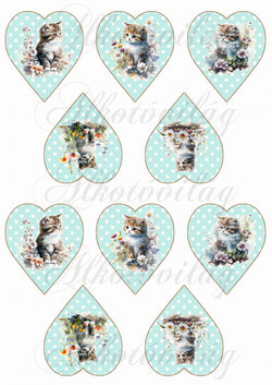 Cuki cicák virágokkal pöttyös szíveken - ZÖLD KICSI