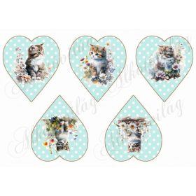 Cuki cicák virágokkal pöttyös szíveken - ZÖLD