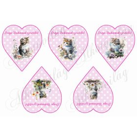   Cuki cicák virágokkal rózsaszín alapon fehér pöttyös szíveken - DRÁGA UNOKÁMNAK SZERETETTEL FELIRATAL