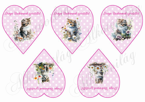 Cuki cicák virágokkal rózsaszín alapon fehér pöttyös szíveken - DRÁGA UNOKÁMNAK SZERETETTEL FELIRATAL
