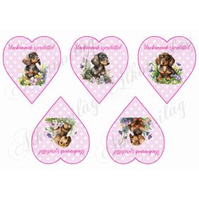   Cuki tacskó kutyusok virágokkal rózsaszín alapon fehér pöttyös szíveken - UNOKÁMNAK SZERETETTEL FELIRATAL