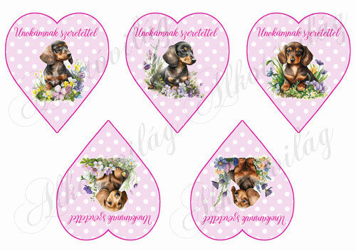 Cuki tacskó kutyusok virágokkal rózsaszín alapon fehér pöttyös szíveken - UNOKÁMNAK SZERETETTEL FELIRATAL