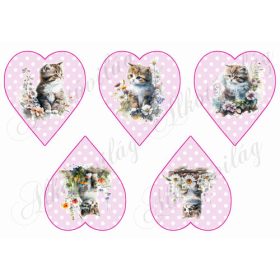   Cuki kézzel festett cicák virágokkal rózsaszín alapon fehér pöttyös szíveken