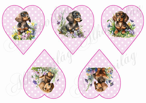 Cuki tacskó kutyusok virágokkal rózsaszín alapon fehér pöttyös szíveken