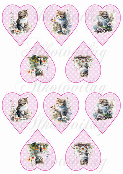 CUKI KÉZZEL FESTETT CICÁK VIRÁGOKKAL RÓZSASZÍN ALAPON FEHÉR PÖTTYÖS SZÍVEKEN - KICSIBEN