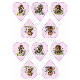   CUKI TACSKÓ KUTYUSOK VIRÁGOKKAL RÓZSASZÍN ALAPON FEHÉR PÖTTYÖS SZÍVEKEN - KICSIBEN