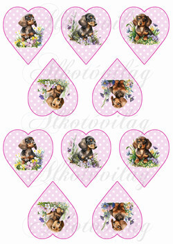 CUKI TACSKÓ KUTYUSOK VIRÁGOKKAL RÓZSASZÍN ALAPON FEHÉR PÖTTYÖS SZÍVEKEN - KICSIBEN