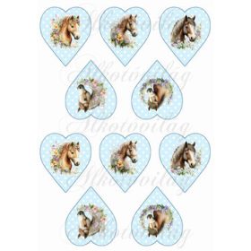   Lovak virágokkal kék alapon fehér pöttyös szíveken - KICSIBEN