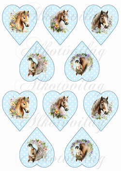 Lovak virágokkal kék alapon fehér pöttyös szíveken - KICSIBEN