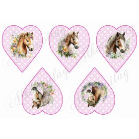   Lovak virágokkal rózsaszín alapon fehér pöttyös szíveken