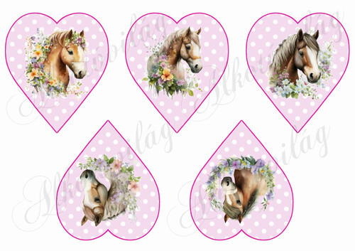 Lovak virágokkal rózsaszín alapon fehér pöttyös szíveken